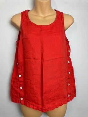 Vibrant Burnt Orange Linen Tank, Button-Side Accent Vacation Ready, Boho